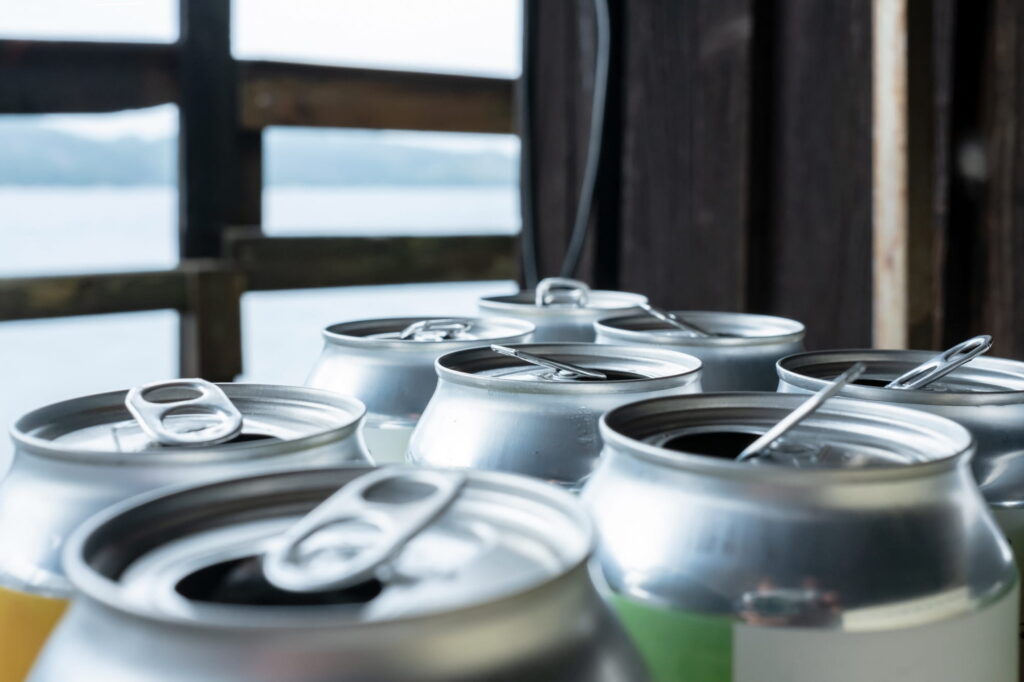 A row of aluminum soda cans in front of a window.
