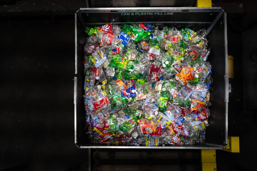 Crushed plastic bottles ready to be recycled.